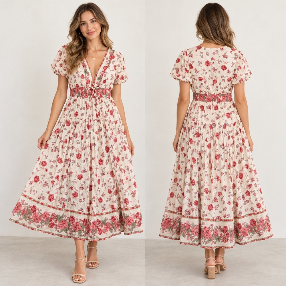 Jessica Simpson Womens Floral Cotton Midi Dress Red Cream Boho Puff Sleeve L